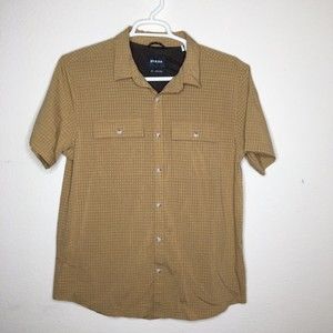 prAna Mens Size L Garvan Shirt Button Up Brown Checked Vented Breathable Mesh